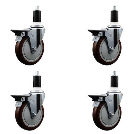 Service Caster 5'' Maroon Poly Swivel 1-3/8'' Expanding Stem Caster Set with Brake, 4PK SCC-EX20S514-PPUB-MRN-PLB-138-4